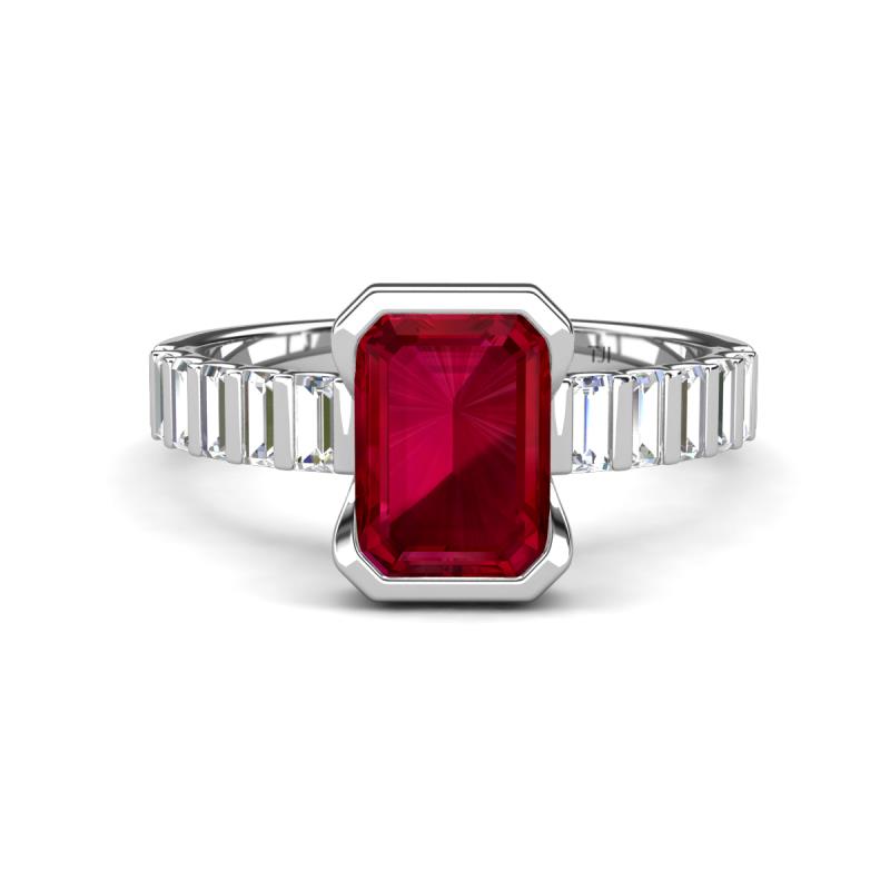Dionne 3.30 ctw Emerald Shape Created Ruby (9 X 7 mm) accented Baguette Shape Lab Grown Diamonds Engagement Ring 