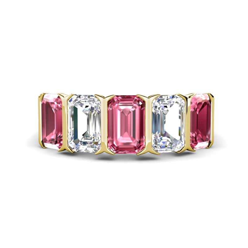 Brianna 3.20 ctw Emerald Shape Pink Tourmaline and Lab Grown Diamonds (6x4 mm) Five Stone Wedding Band 