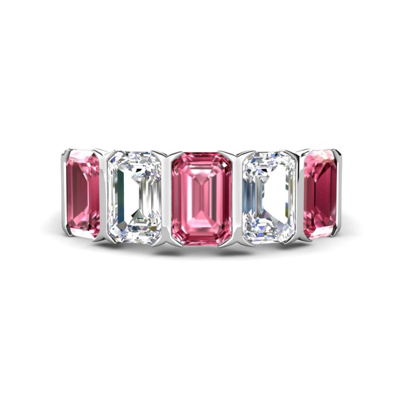 Brianna 3.20 ctw Emerald Shape Pink Tourmaline and Lab Grown Diamonds (6x4 mm) Five Stone Wedding Band 