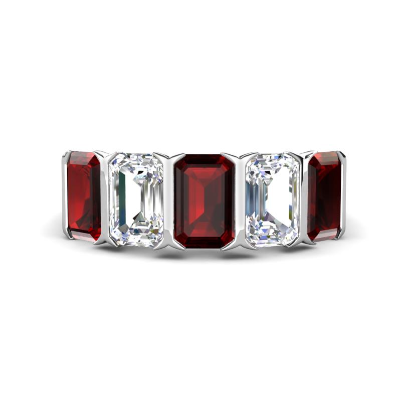 Brianna 3.74 ctw Emerald Shape Red Garnet and Lab Grown Diamonds (6x4 mm) Five Stone Wedding Band 