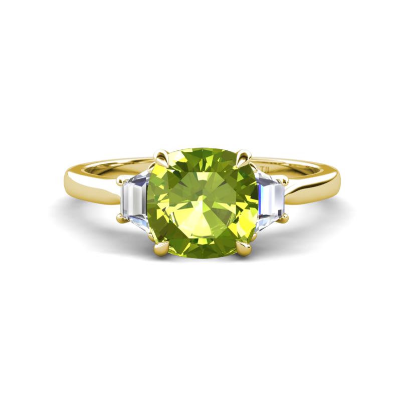 Triada 1.79 ctw Cushion Shape Peridot (7 mm) accented Trapezoid Shape Lab Grown Diamonds Engagement Ring 