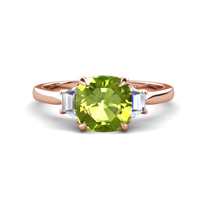 Triada 1.79 ctw Cushion Shape Peridot (7 mm) accented Trapezoid Shape Lab Grown Diamonds Engagement Ring 