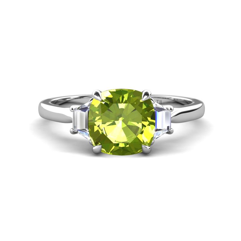 Triada 1.79 ctw Cushion Shape Peridot (7 mm) accented Trapezoid Shape Lab Grown Diamonds Engagement Ring 