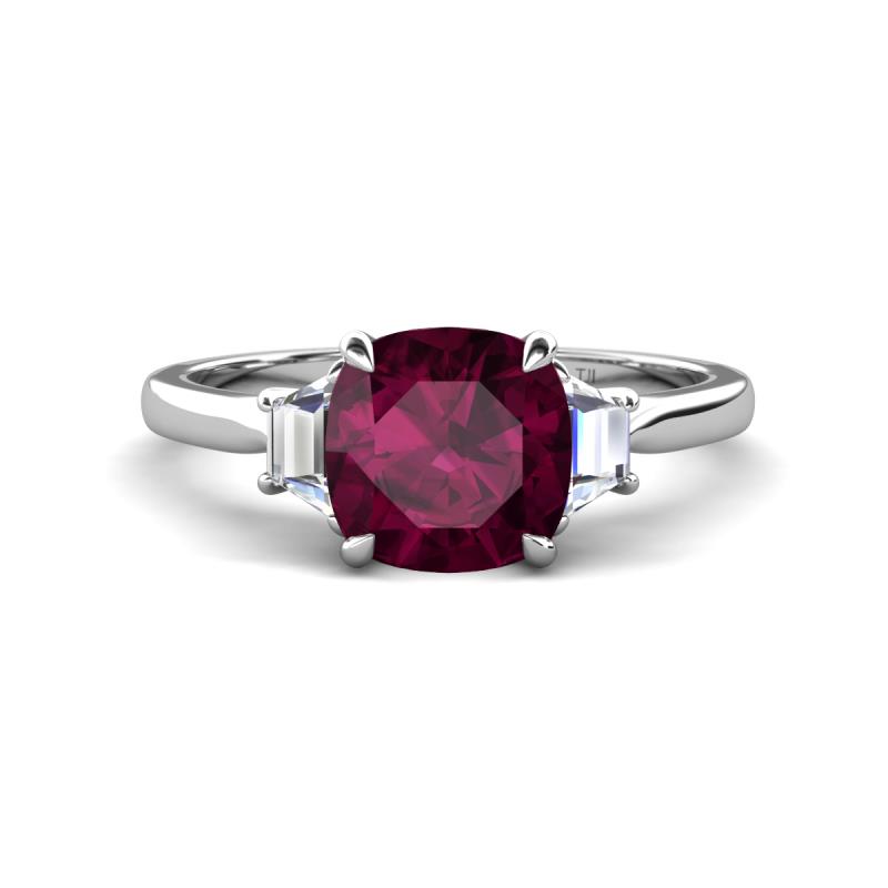 Triada 2.34 ctw Cushion Shape Rhodolite Garnet (7 mm) accented Trapezoid Shape Lab Grown Diamonds Engagement Ring 