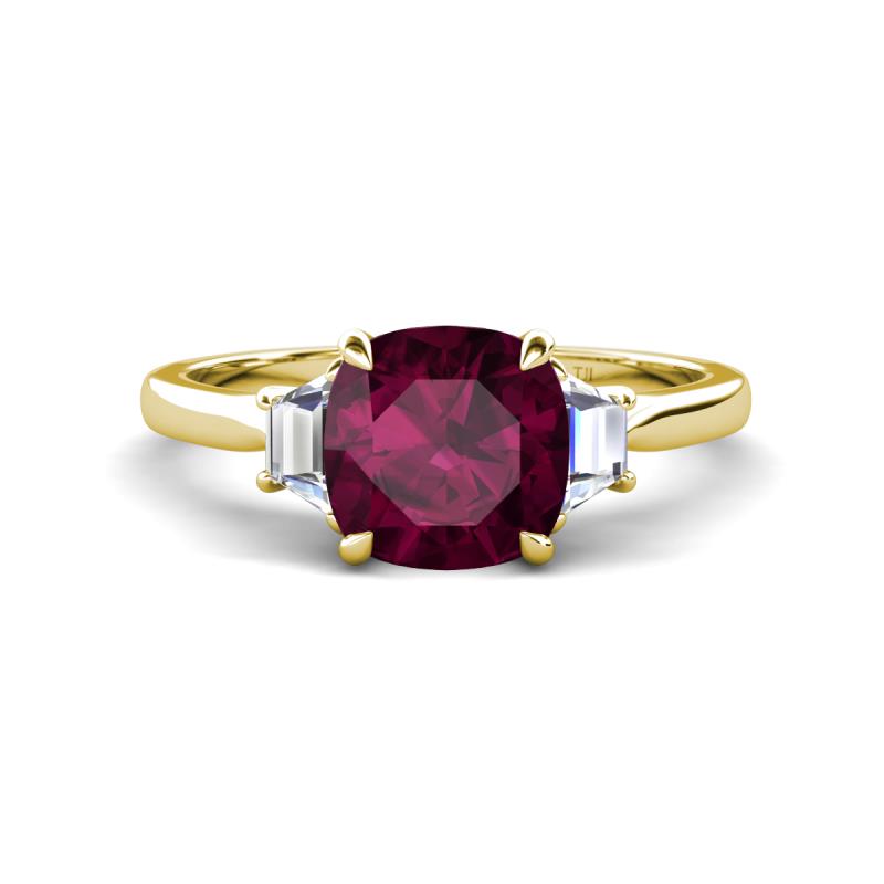Triada 2.34 ctw Cushion Shape Rhodolite Garnet (7 mm) accented Trapezoid Shape Lab Grown Diamonds Engagement Ring 