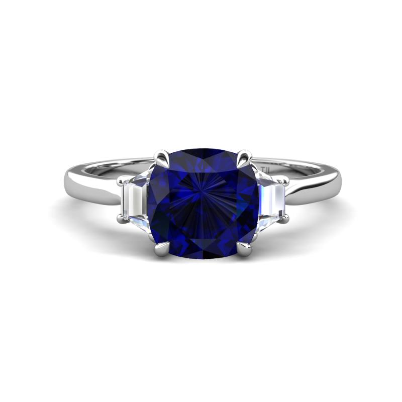 Triada 2.34 ctw Cushion Shape Created Blue Sapphire (7 mm) accented Trapezoid Shape Lab Grown Diamonds Engagement Ring 