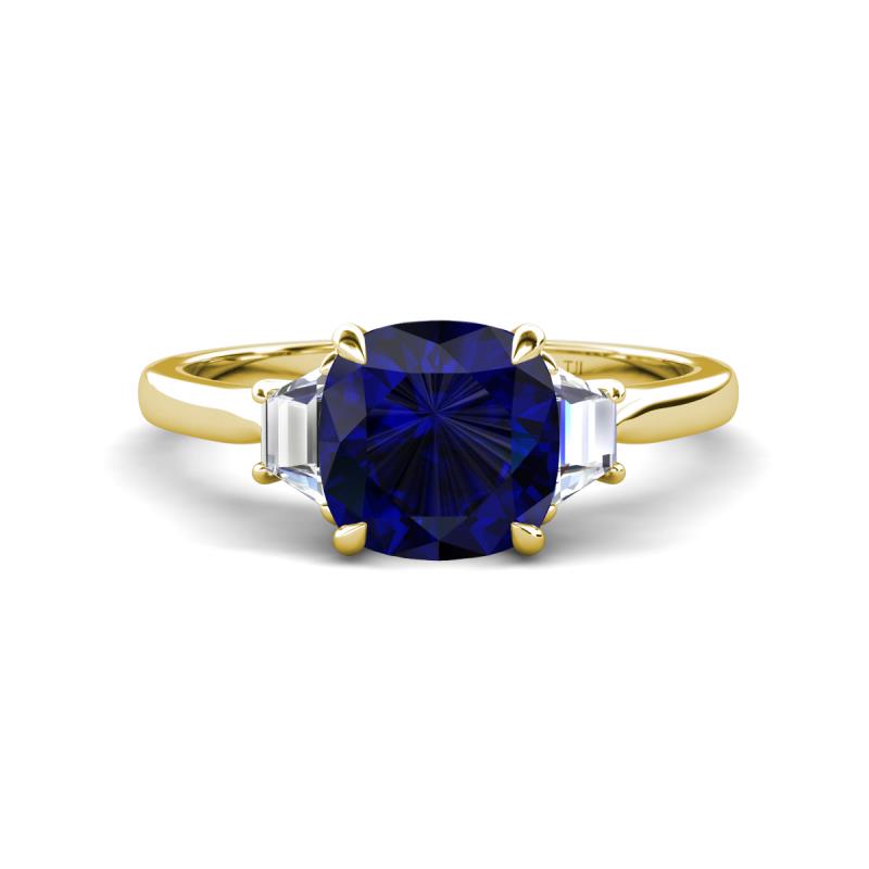 Triada 2.34 ctw Cushion Shape Created Blue Sapphire (7 mm) accented Trapezoid Shape Lab Grown Diamonds Engagement Ring 