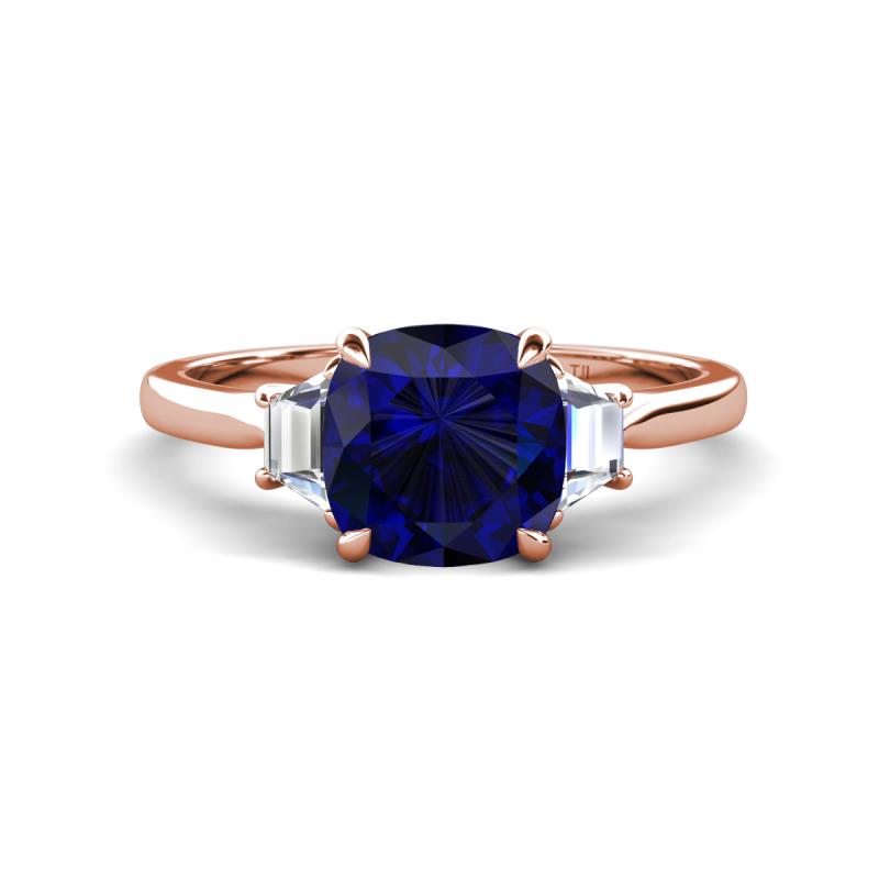 Triada 2.34 ctw Cushion Shape Created Blue Sapphire (7 mm) accented Trapezoid Shape Lab Grown Diamonds Engagement Ring 