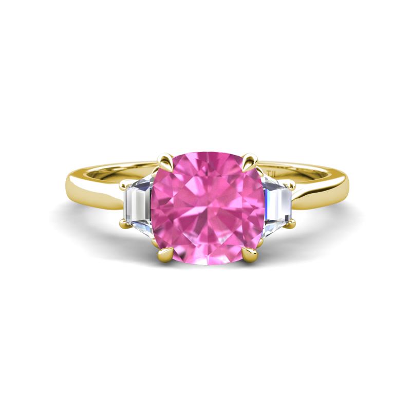 Triada 2.34 ctw Cushion Shape Created Pink Sapphire (7 mm) accented Trapezoid Shape Lab Grown Diamonds Engagement Ring 