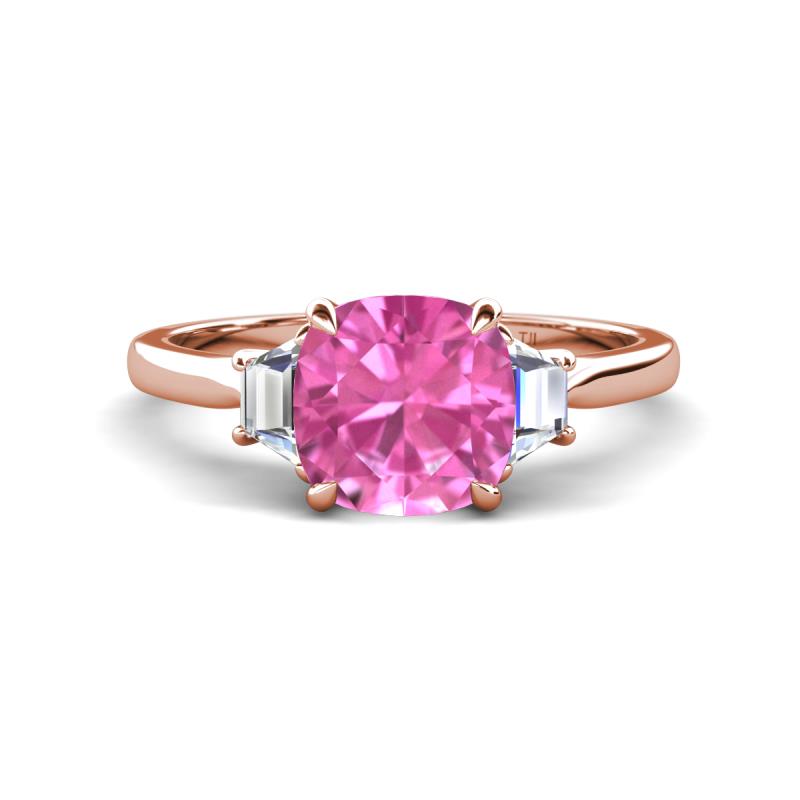 Triada 2.34 ctw Cushion Shape Created Pink Sapphire (7 mm) accented Trapezoid Shape Lab Grown Diamonds Engagement Ring 