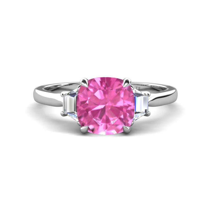 Triada 2.34 ctw Cushion Shape Created Pink Sapphire (7 mm) accented Trapezoid Shape Lab Grown Diamonds Engagement Ring 