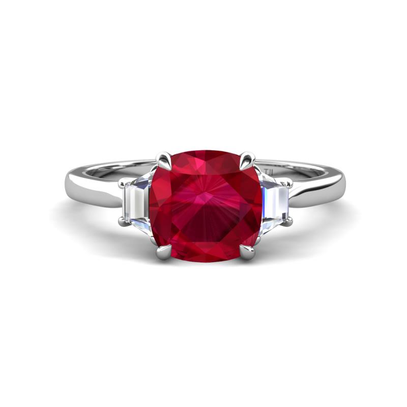 Triada 2.34 ctw Cushion Shape Created Ruby (7 mm) accented Trapezoid Shape Lab Grown Diamonds Engagement Ring 