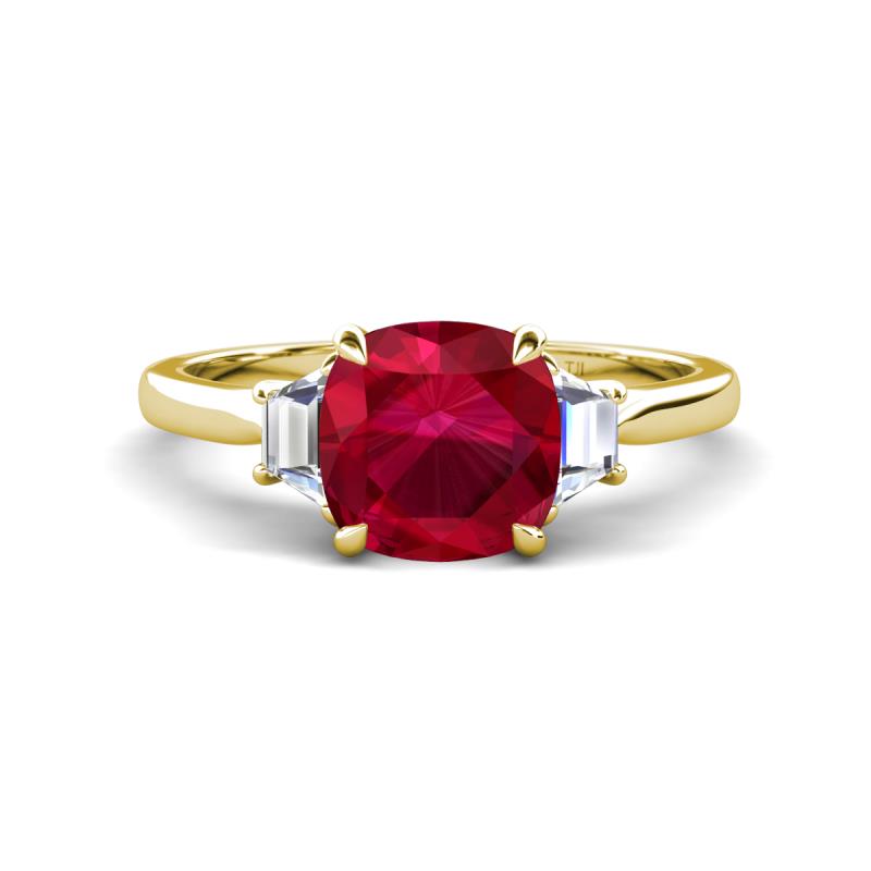 Triada 2.34 ctw Cushion Shape Created Ruby (7 mm) accented Trapezoid Shape Lab Grown Diamonds Engagement Ring 