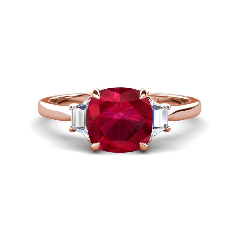 Triada 2.34 ctw Cushion Shape Created Ruby (7 mm) accented Trapezoid Shape Lab Grown Diamonds Engagement Ring 