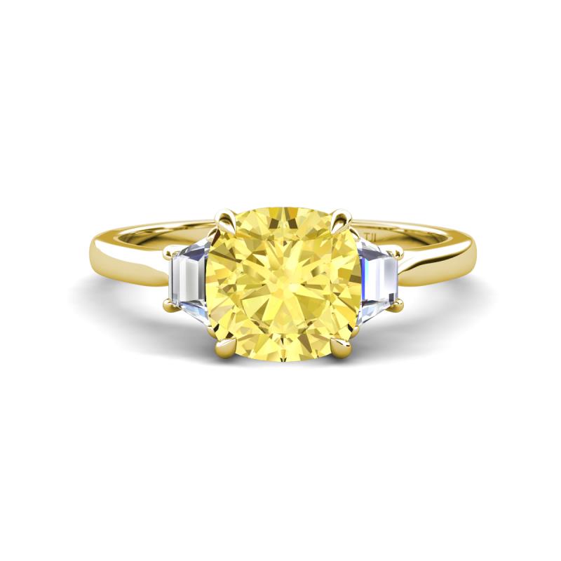 Triada 2.34 ctw Cushion Shape Created Yellow Sapphire (7 mm) accented Trapezoid Shape Lab Grown Diamonds Engagement Ring 