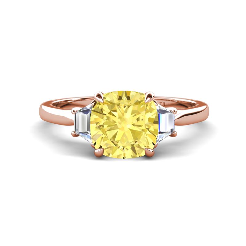 Triada 2.34 ctw Cushion Shape Created Yellow Sapphire (7 mm) accented Trapezoid Shape Lab Grown Diamonds Engagement Ring 