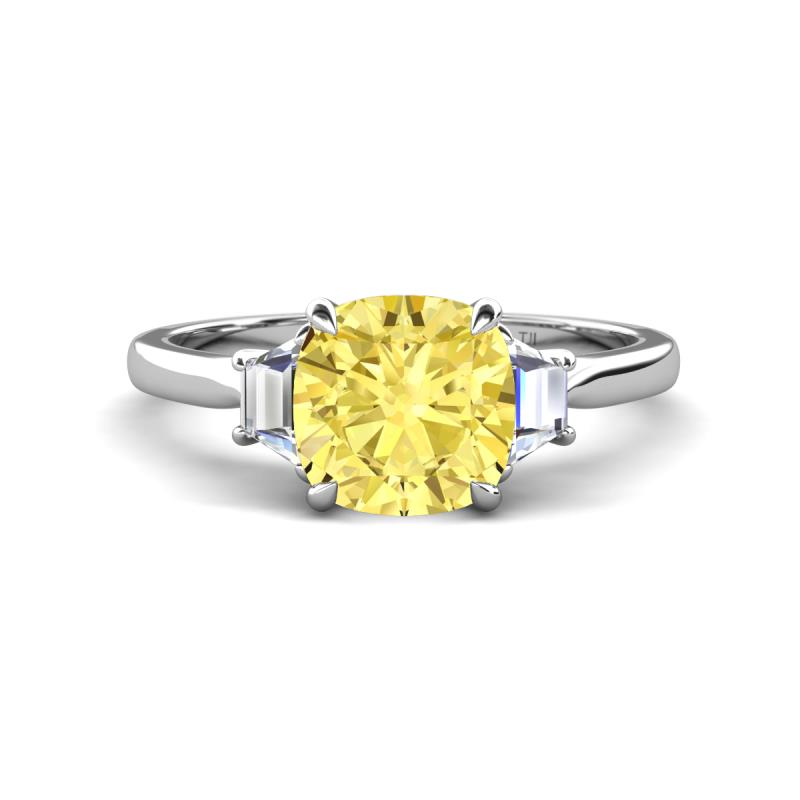 Triada 2.34 ctw Cushion Shape Created Yellow Sapphire (7 mm) accented Trapezoid Shape Lab Grown Diamonds Engagement Ring 