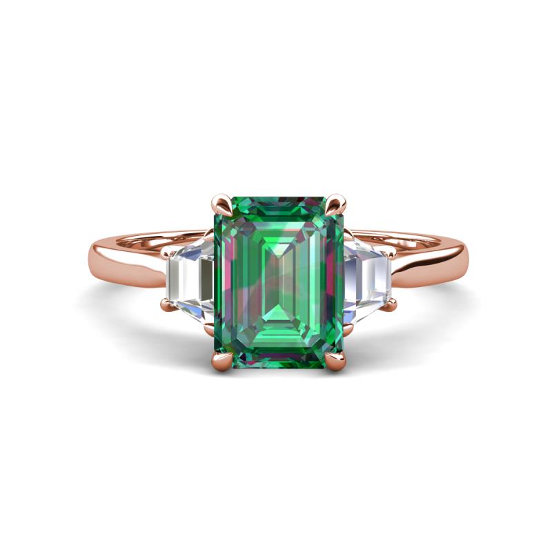 Triada 2.29 ctw Emerald Shape Created Alexandrite (8X6 mm) accented Trapezoid Shape Lab Grown Diamonds Engagement Ring 