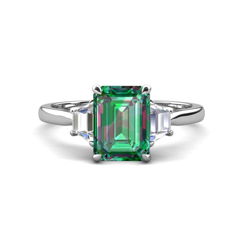 Triada 2.29 ctw Emerald Shape Created Alexandrite (8X6 mm) accented Trapezoid Shape Lab Grown Diamonds Engagement Ring 