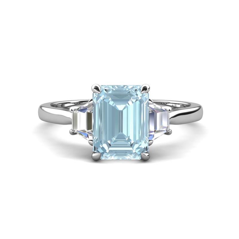 Triada 1.74 ctw Emerald Shape Aquamarine (8X6 mm) accented Trapezoid Shape Lab Grown Diamonds Engagement Ring 