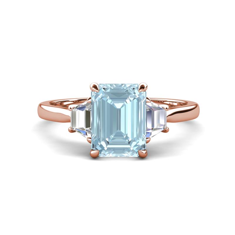 Triada 1.74 ctw Emerald Shape Aquamarine (8X6 mm) accented Trapezoid Shape Lab Grown Diamonds Engagement Ring 