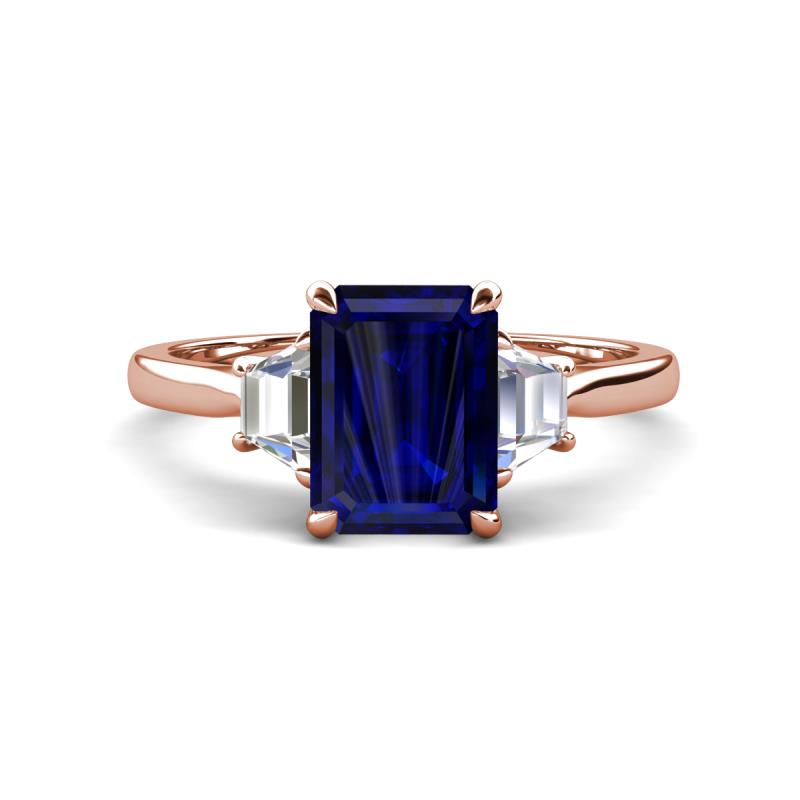 Triada 1.84 ctw Emerald Shape Blue Sapphire (8X6 mm) accented Trapezoid Shape Lab Grown Diamonds Engagement Ring 