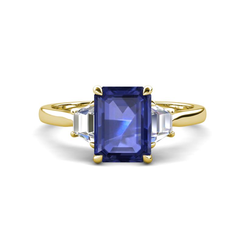 Triada 1.74 ctw Emerald Shape Iolite (8X6 mm) accented Trapezoid Shape Lab Grown Diamonds Engagement Ring 