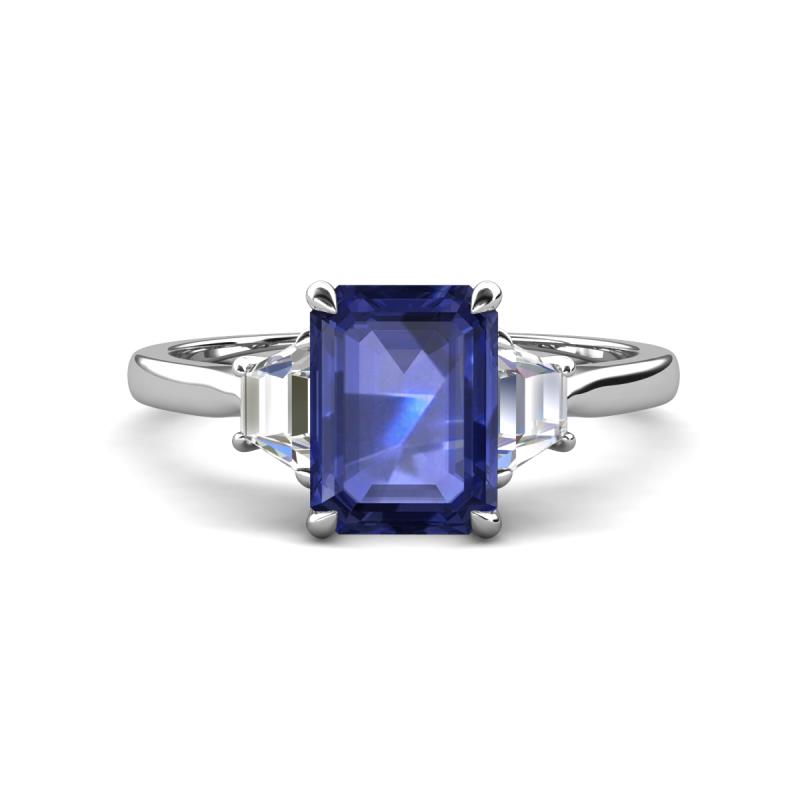 Triada 1.74 ctw Emerald Shape Iolite (8X6 mm) accented Trapezoid Shape Lab Grown Diamonds Engagement Ring 