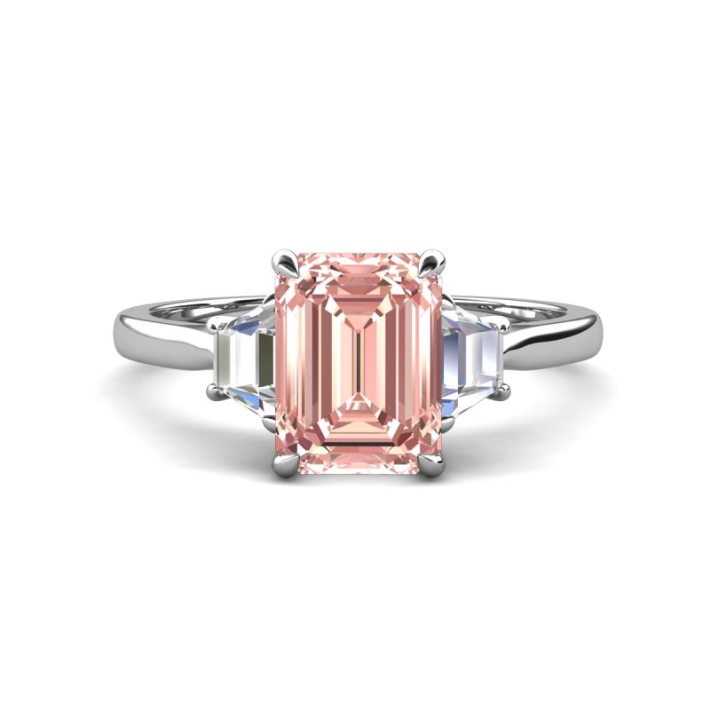 Triada 1.74 ctw Emerald Shape Morganite (8X6 mm) accented Trapezoid Shape Lab Grown Diamonds Engagement Ring 