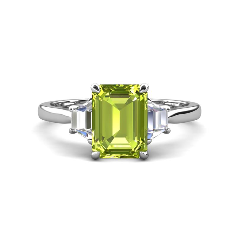 Triada 2.04 ctw Emerald Shape Peridot (8X6 mm) accented Trapezoid Shape Lab Grown Diamonds Engagement Ring 