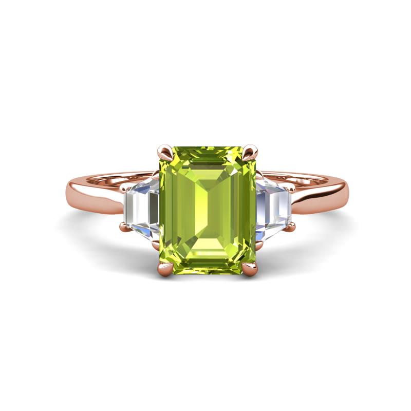 Triada 2.04 ctw Emerald Shape Peridot (8X6 mm) accented Trapezoid Shape Lab Grown Diamonds Engagement Ring 