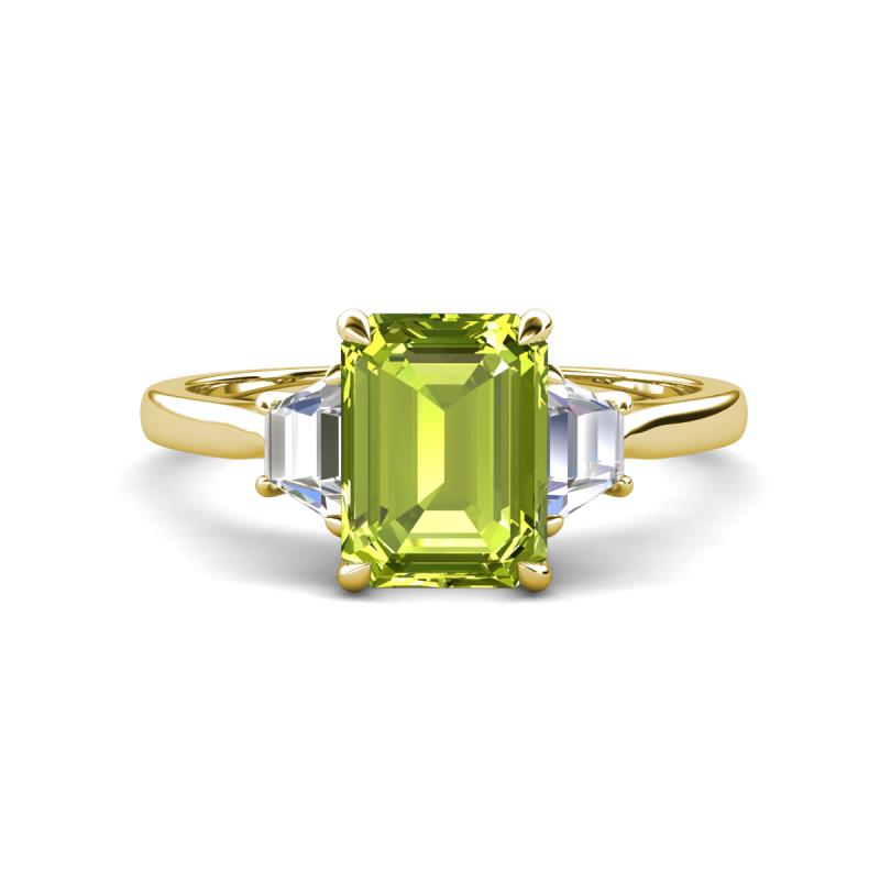 Triada 2.04 ctw Emerald Shape Peridot (8X6 mm) accented Trapezoid Shape Lab Grown Diamonds Engagement Ring 