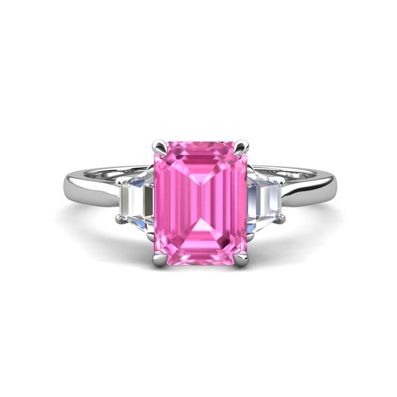 Triada 1.84 ctw Emerald Shape Pink Sapphire (8X6 mm) accented Trapezoid Shape Lab Grown Diamonds Engagement Ring 