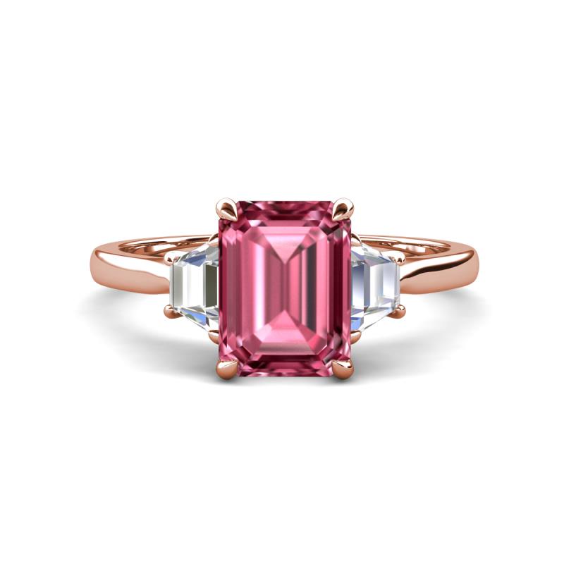 Triada 1.99 ctw Emerald Shape Pink Tourmaline (8X6 mm) accented Trapezoid Shape Lab Grown Diamonds Engagement Ring 