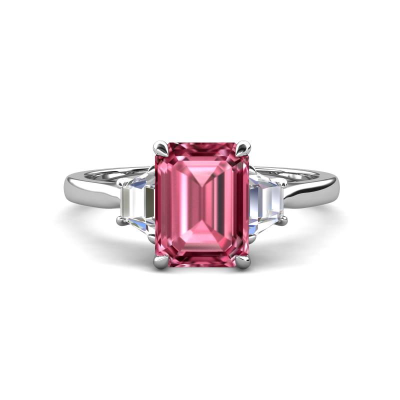 Triada 1.99 ctw Emerald Shape Pink Tourmaline (8X6 mm) accented Trapezoid Shape Lab Grown Diamonds Engagement Ring 