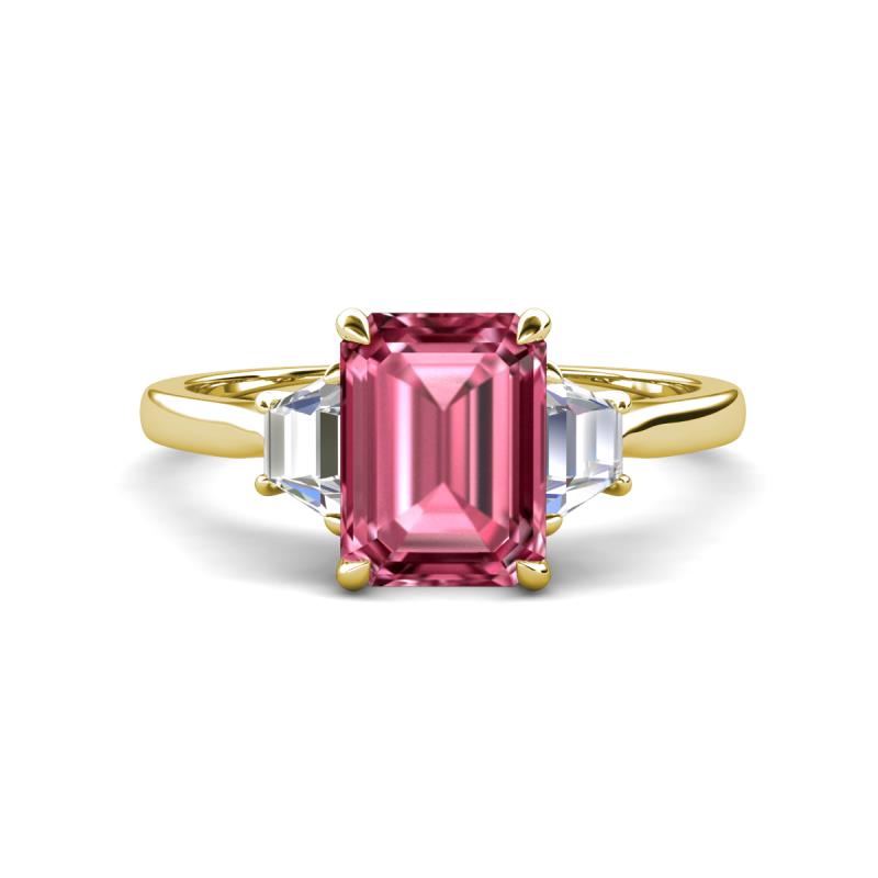 Triada 1.99 ctw Emerald Shape Pink Tourmaline (8X6 mm) accented Trapezoid Shape Lab Grown Diamonds Engagement Ring 