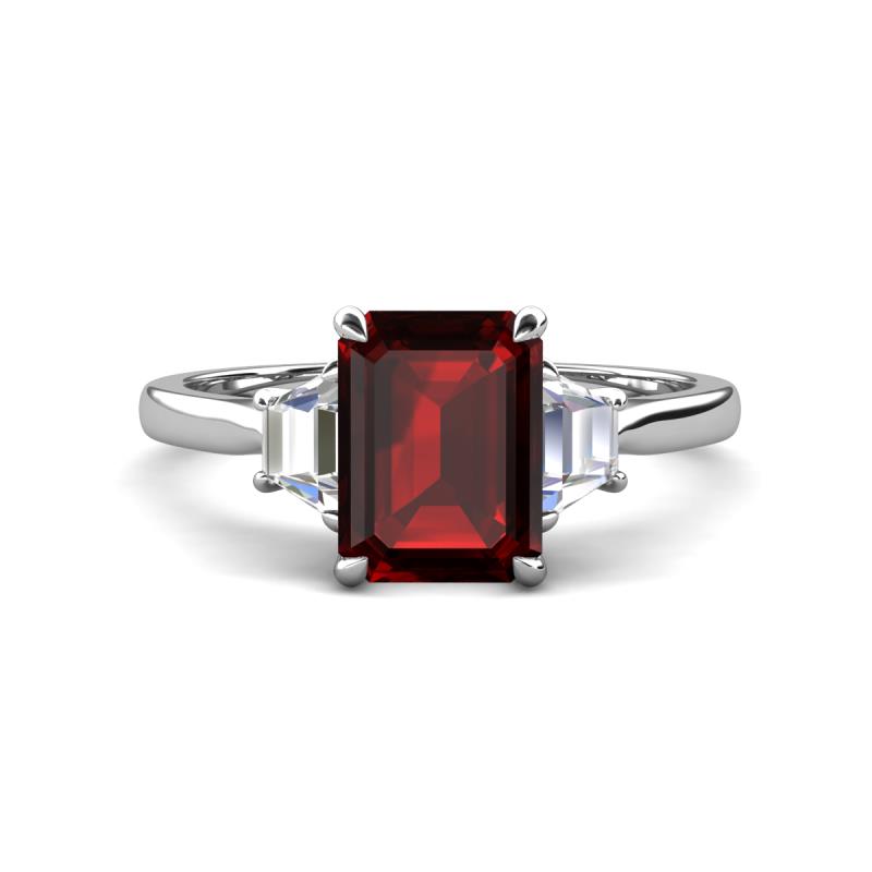 Triada 2.29 ctw Emerald Shape Red Garnet (8X6 mm) accented Trapezoid Shape Lab Grown Diamonds Engagement Ring 