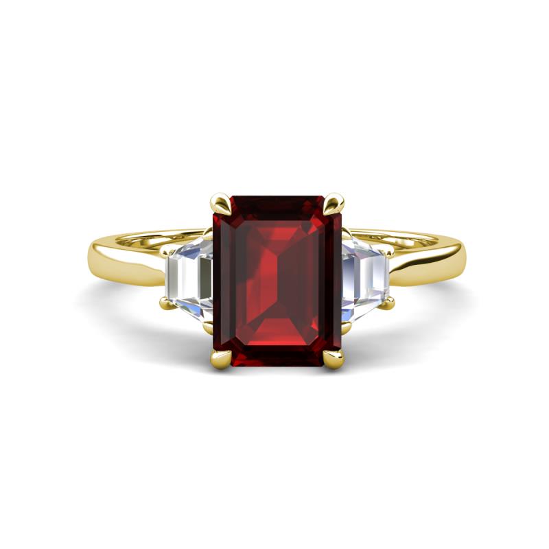 Triada 2.29 ctw Emerald Shape Red Garnet (8X6 mm) accented Trapezoid Shape Lab Grown Diamonds Engagement Ring 