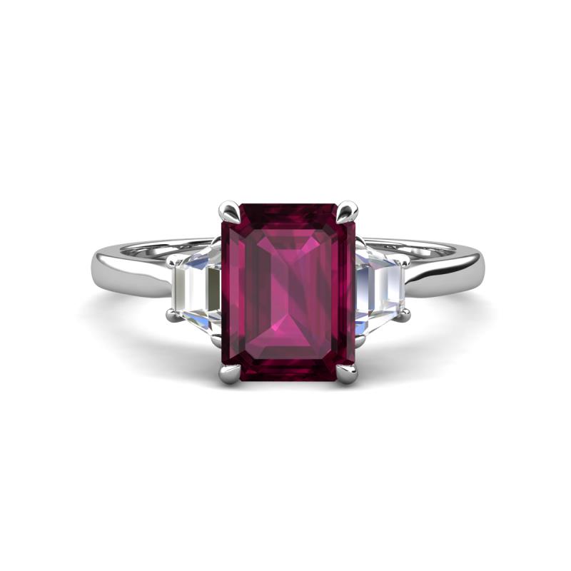 Triada 2.34 ctw Emerald Shape Rhodolite Garnet (8X6 mm) accented Trapezoid Shape Lab Grown Diamonds Engagement Ring 