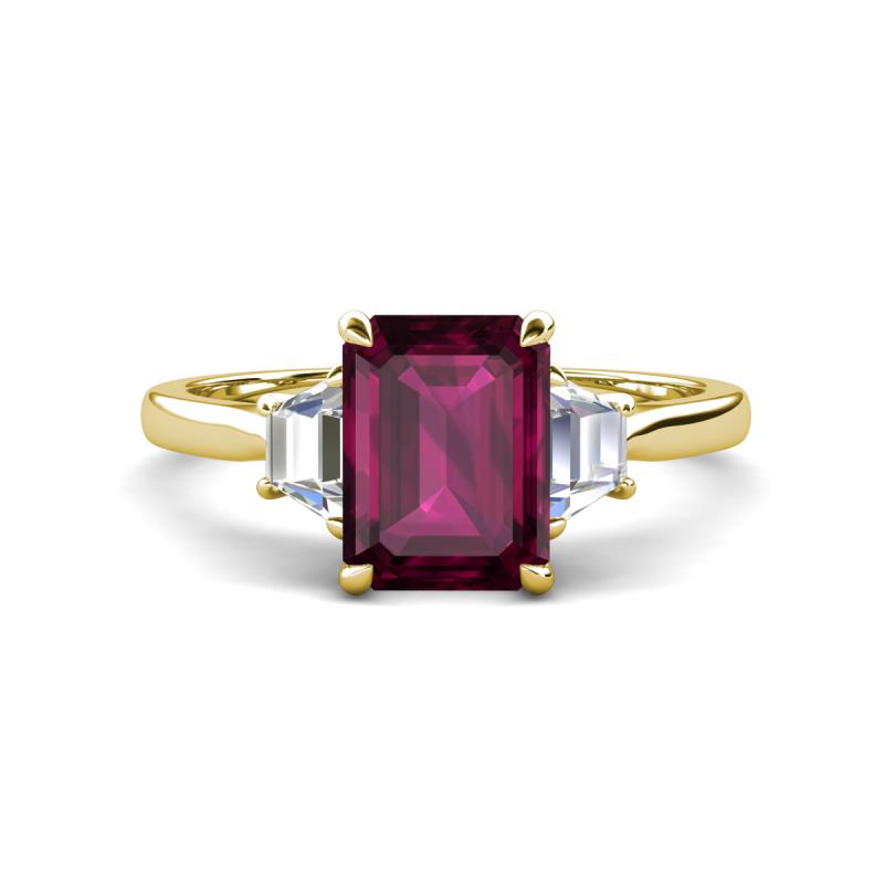 Triada 2.34 ctw Emerald Shape Rhodolite Garnet (8X6 mm) accented Trapezoid Shape Lab Grown Diamonds Engagement Ring 