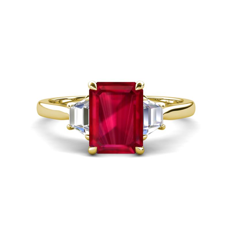Triada 1.84 ctw Emerald Shape Ruby (8X6 mm) accented Trapezoid Shape Lab Grown Diamonds Engagement Ring 