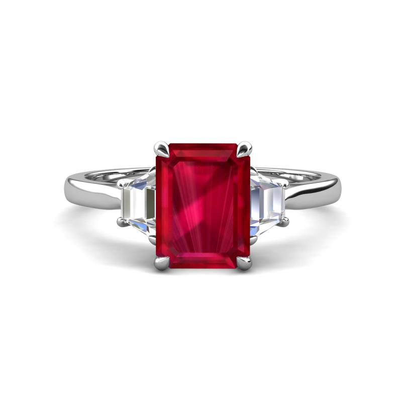 Triada 1.84 ctw Emerald Shape Ruby (8X6 mm) accented Trapezoid Shape Lab Grown Diamonds Engagement Ring 