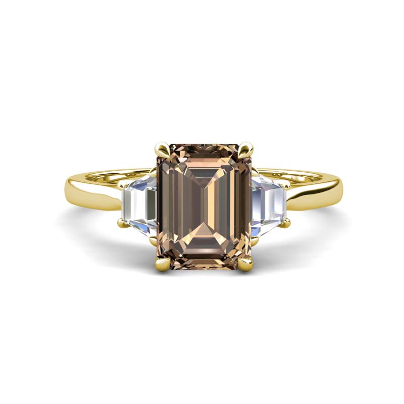 Triada 2.04 ctw Emerald Shape Smoky Quartz (8X6 mm) accented Trapezoid Shape Lab Grown Diamonds Engagement Ring 