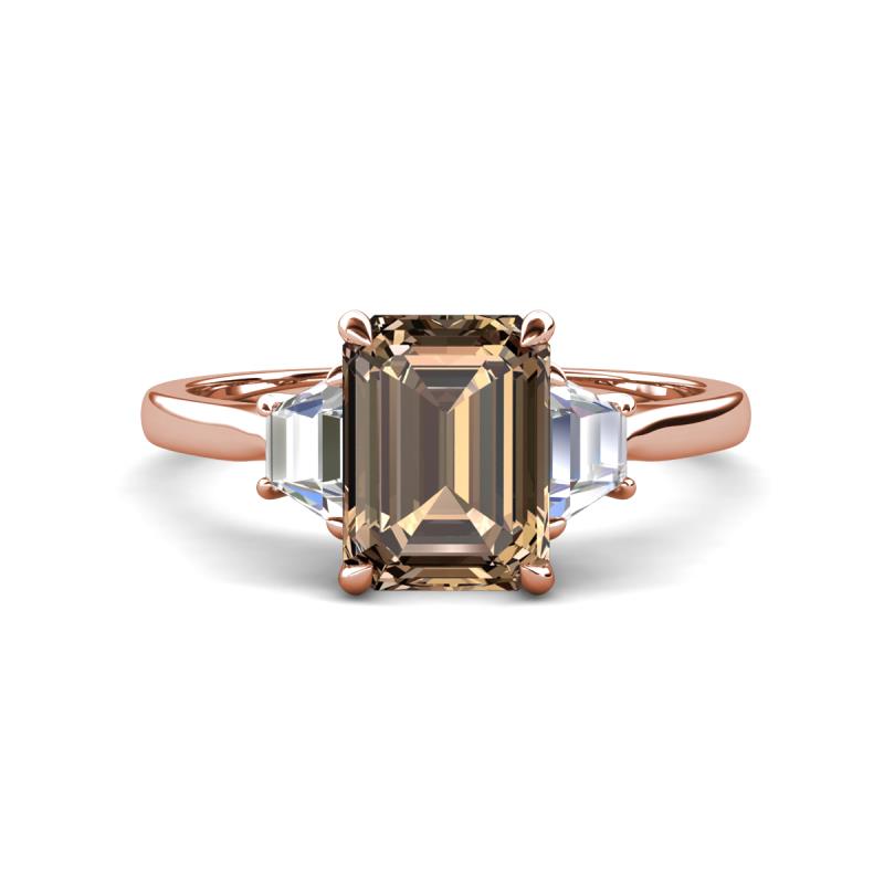 Triada 2.04 ctw Emerald Shape Smoky Quartz (8X6 mm) accented Trapezoid Shape Lab Grown Diamonds Engagement Ring 