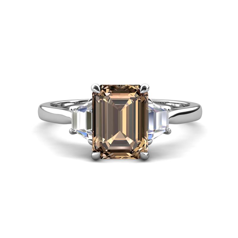 Triada 2.04 ctw Emerald Shape Smoky Quartz (8X6 mm) accented Trapezoid Shape Lab Grown Diamonds Engagement Ring 
