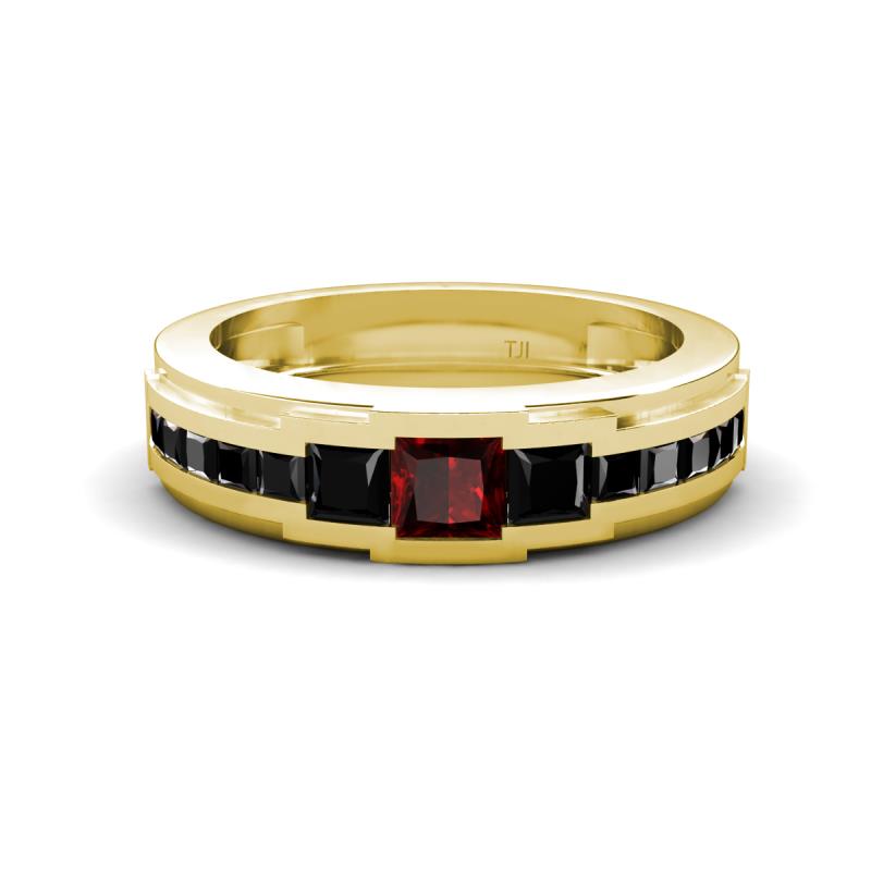 Jayden 1.40 ctw Princess shape Red Garnet accented Black Diamonds Men Wedding Band (5.20 mm) 