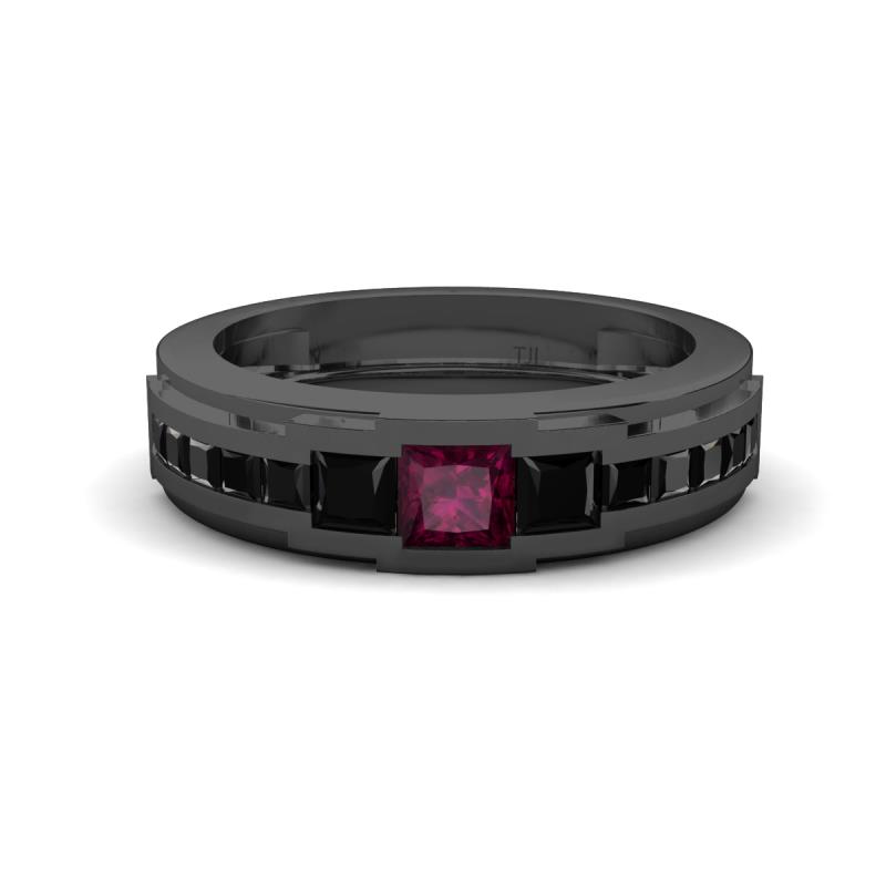 Jayden 1.40 ctw Princess shape Rhodolite Garnet accented Black Diamonds Men Wedding Band (5.20 mm) 