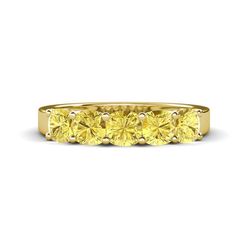 Wendy 1.70 ctw (4.00 mm) Cushion Shape Created Yellow Sapphire Side Gallery 5 Stone Wedding Band 