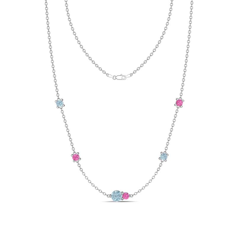 Linea 0.49 ctw Aquamarine (4 mm) and Pink Sapphire Women Station Necklace 