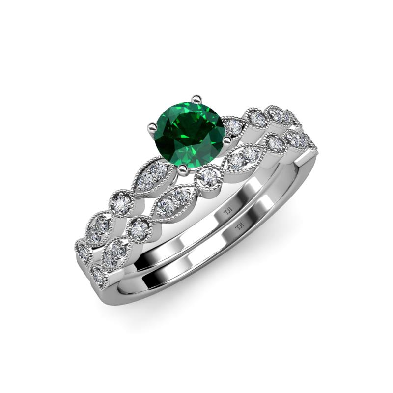 Siena 1.05 ctw Emerald (6.50 mm) Accented Natural Round Diamonds Marquise and Dot Shape Bridal Set Ring  